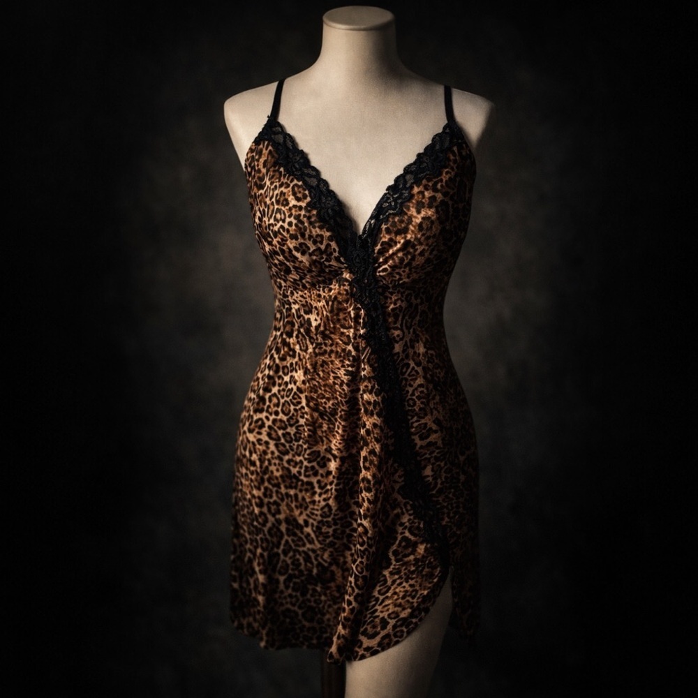 Y2K Leopard Lace Slip Dress 1X Plus Size Animal Print Lingerie Nightgown